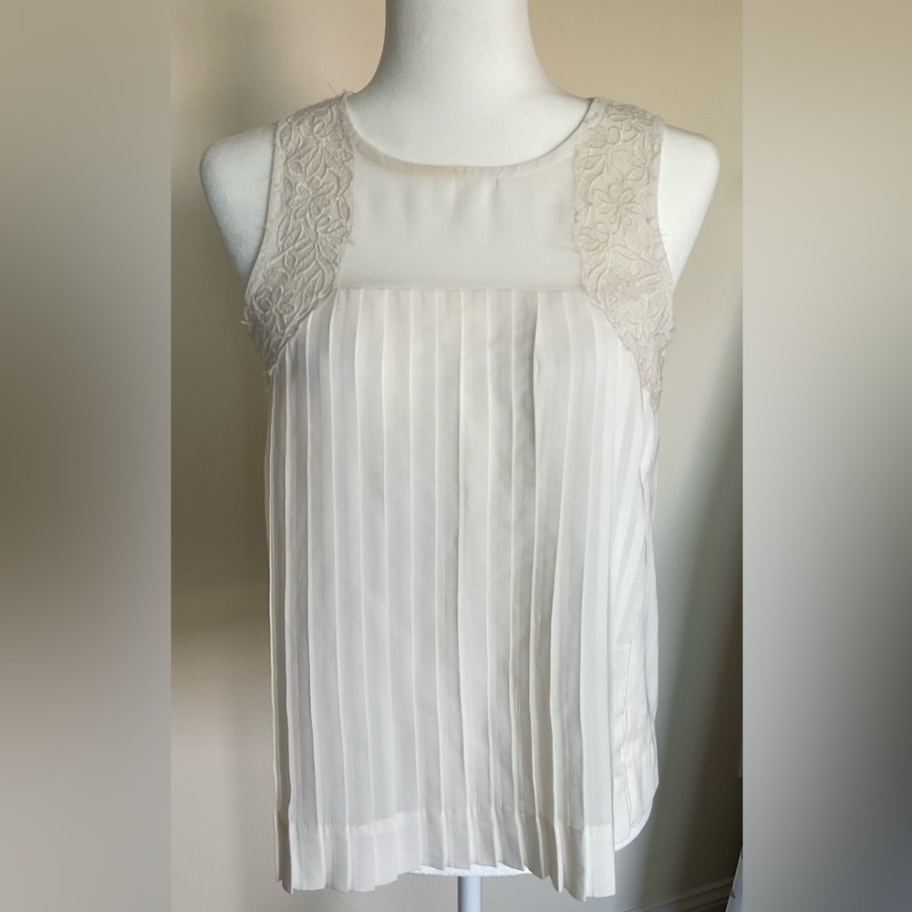 American Eagle Outfitters Cream Pleated Tank Top with Bib Collar